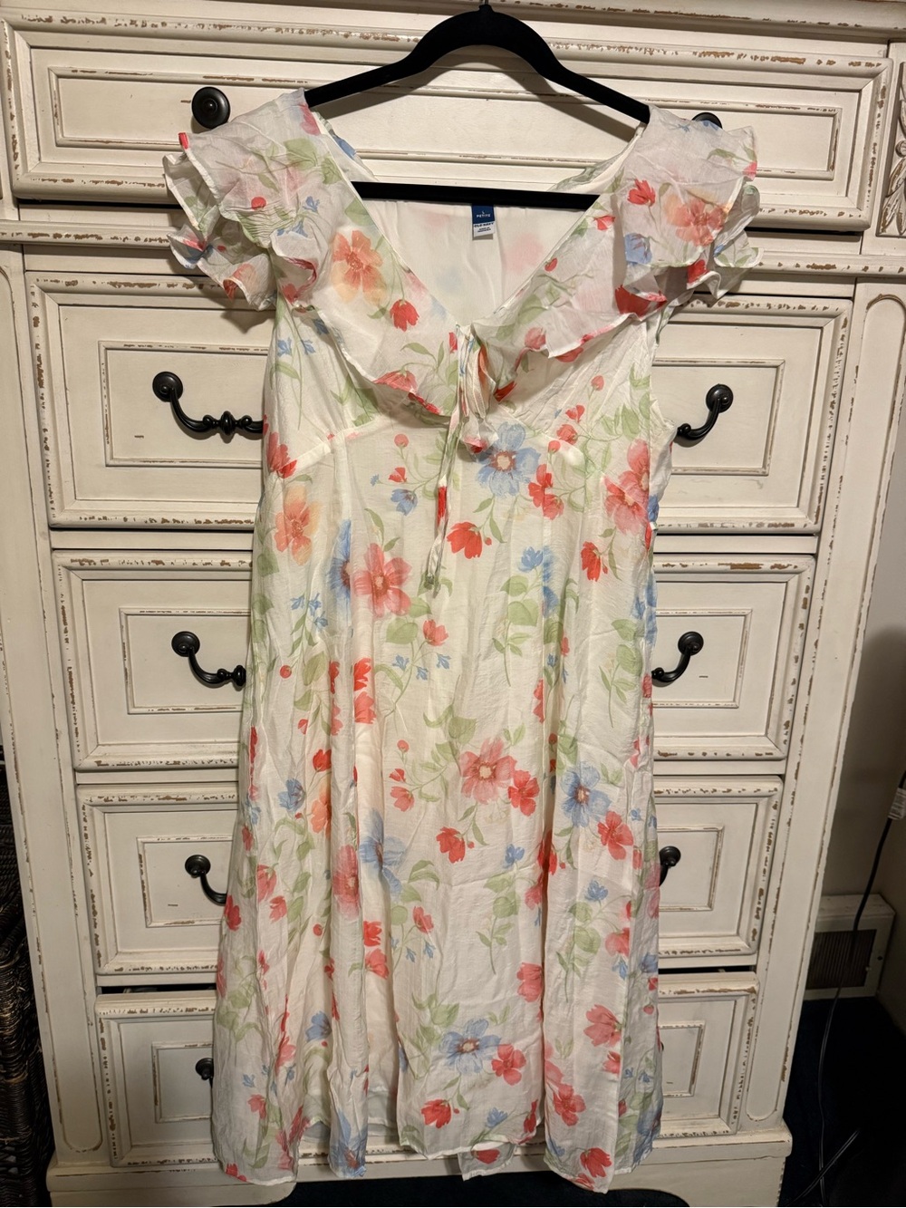 Old Navy White Floral Ruffle Dress with Coral and Blue Blooms
